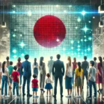 Grupa poslovnih ljudi, roditelja i djece stoji zajedno s leđa, gledajući digitalnu verziju japanske zastave na velikom ekranu.